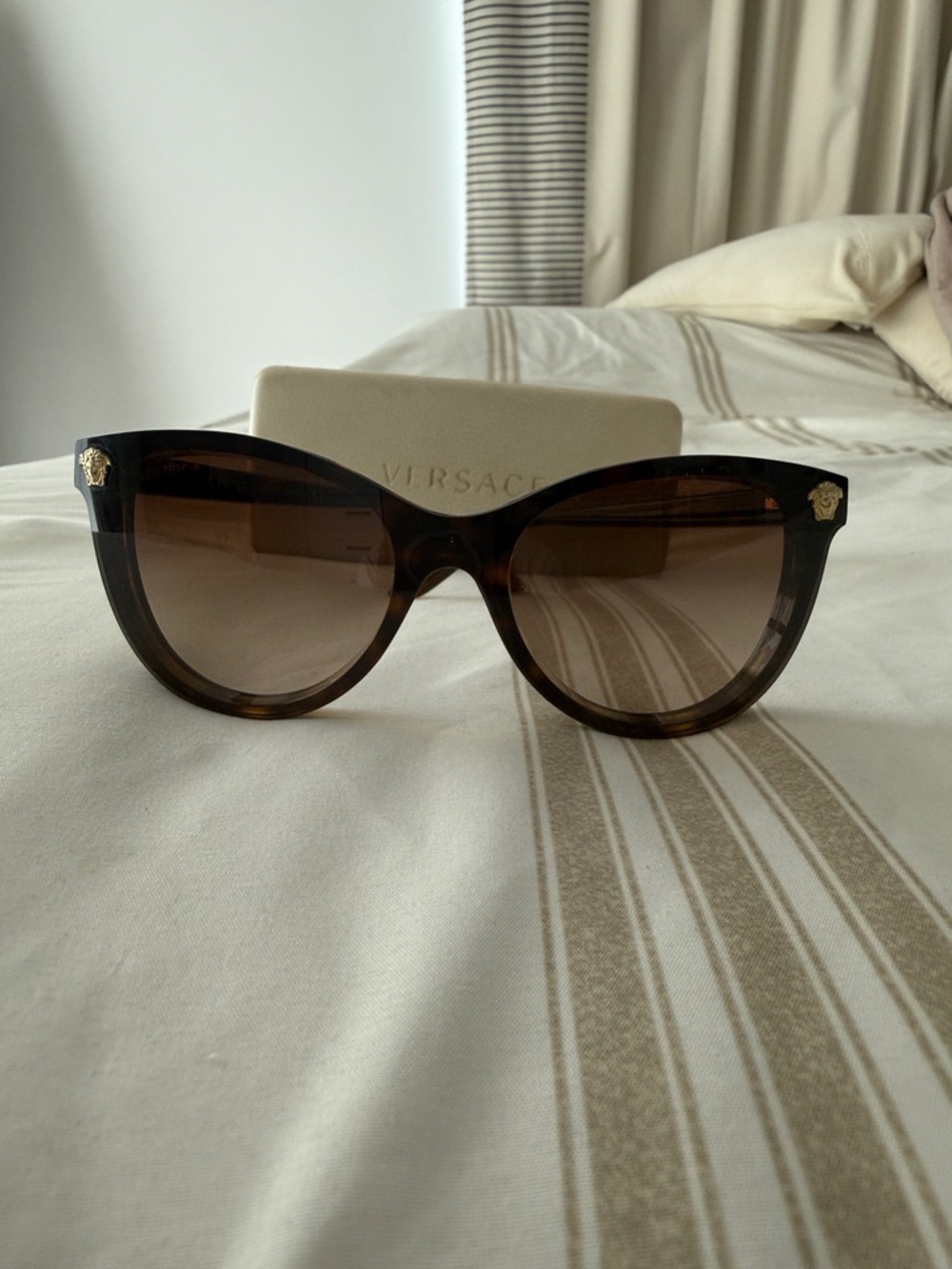Versace Tortoiseshell Brown Cat-Eye Sunglasses with Gold Medusa Accents